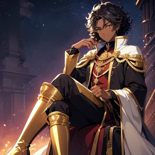(Boy:1.2),(male gender:1.2,(Anime 2D:1.2) (imperial clothing:1.1) (dark skin:1.2) (curly hair:1.2) (golden boots:1.1) (mystical eyes:1.1) (regal pose:1.1) (detailed background:1.1) (majestic :1.2) (confident:1.1) (imperial setting:1.1)