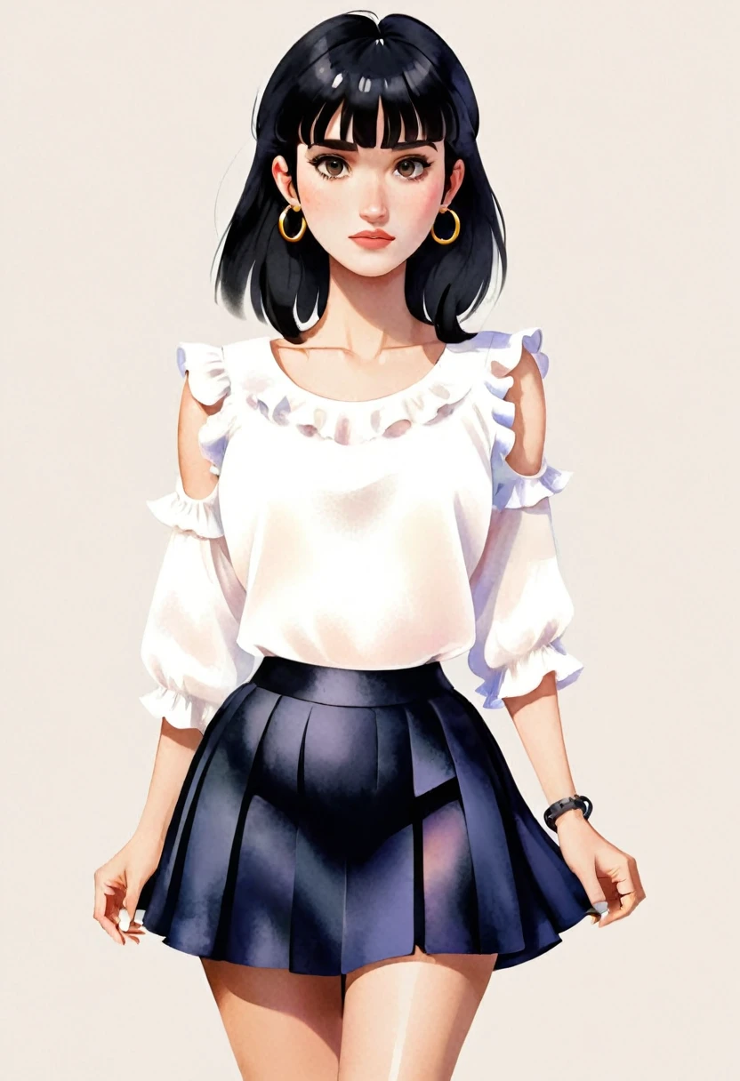 A woman looking straight ahead, she has black hair with bangs, brown eyes, small freckles on her face, earrings in her ears and a chain on her arm. She is wearing a black skirt and white blouse with ruffles. She has black sandals on her feet. watercolor style, disney pixar. high quality