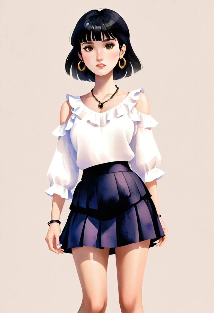 A woman looking straight ahead, she has black hair with bangs, brown eyes, small freckles on her face, earrings in her ears and a chain on her arm. She is wearing a black skirt and white blouse with ruffles. She has black sandals on her feet. watercolor style, disney pixar. high quality