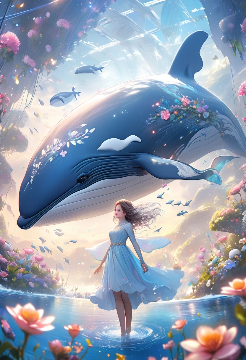 a whimsical fantasy illustration of a flying whale girl in the flower world, beautiful detailed eyes, beautiful detailed lips, extremely detailed eyes and face, longeyelashes, whale girl in the dream world, whalesflying, fantasy flower world landscape, magical atmosphere, soft pastel colors, dynamic posing, cinematic lighting, digital art, concept art, matte painting, (best quality,4k,8k,highres,masterpiece:1.2),ultra-detailed,(realistic,photorealistic,photo-realistic:1.37)