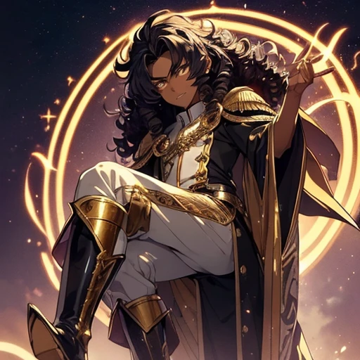 (Boy:1.2),(male gender:1.2,(Anime 2D:1.2) (imperial clothing:1.1) (dark skin:1.2) (curly hair:1.2) (golden boots:1.1) (mystical eyes:1.1) (regal pose:1.1) (detailed background:1.1) (majestic:1.2) (confident:1.1) (imperial setting:1.1) (serious expression:1.1) (determined:1.1) (slight smile:1.0) (thick eyebrows:1.1)