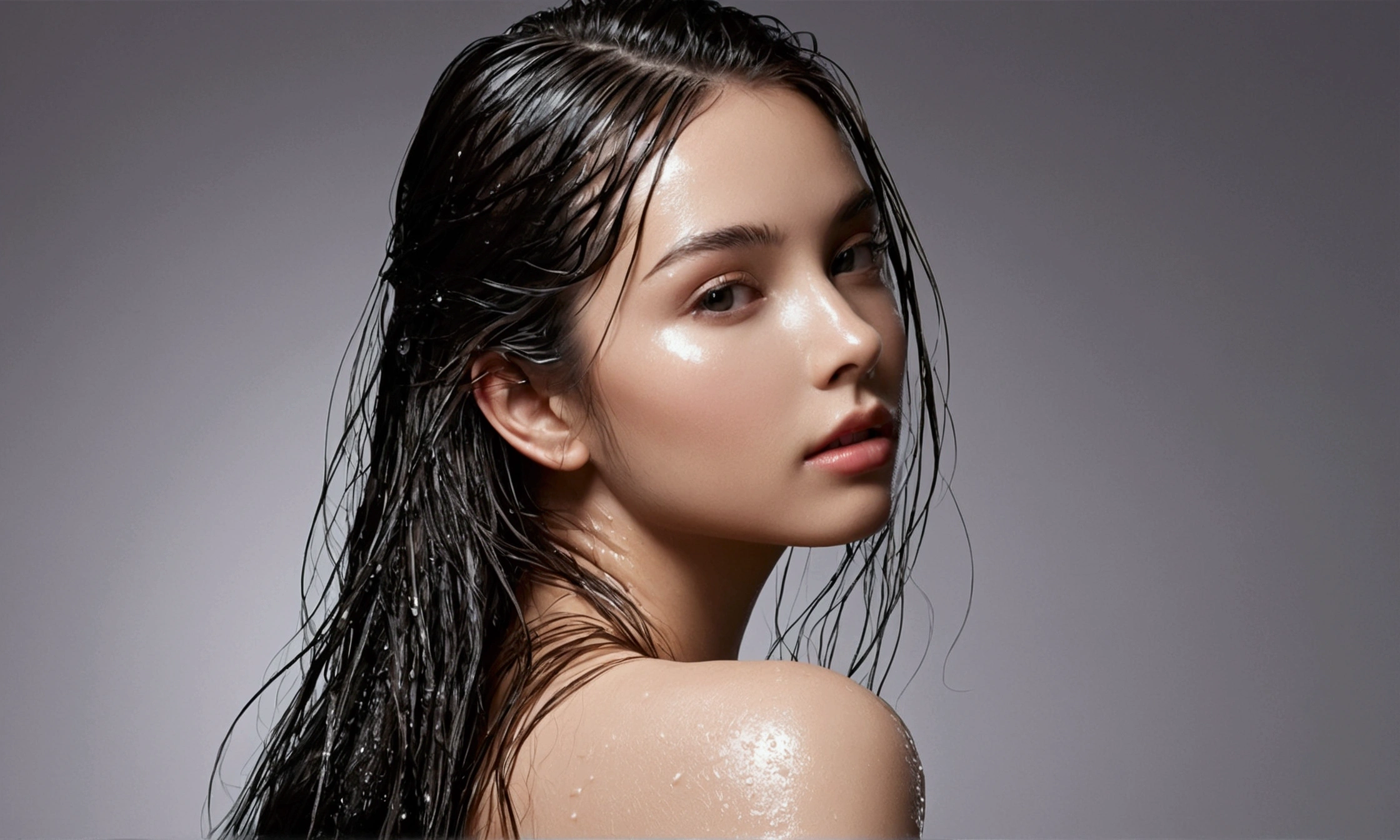 wet skin, silky skin, glossy skin, long hair, side look,