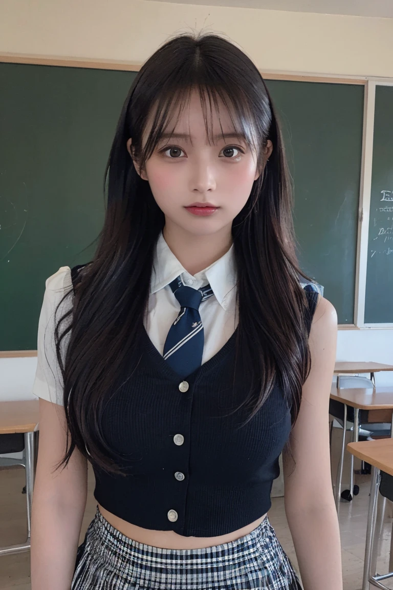 (Highest quality:1.4),(masterpiece:1.4),(Realistic:1.4),(Realistic:1.2),(超High resolution, RAW Photos:1.4),(High resolution, Very detailed:1.2),(8K:1.2),Cheki,a photo of a dark-haired,One Girl,alone,(wearing buttoned school attire with mini pleated skirt),Big Breasts,((Upper Body:1.3)),long wavy Hair,Low image quality、blurred