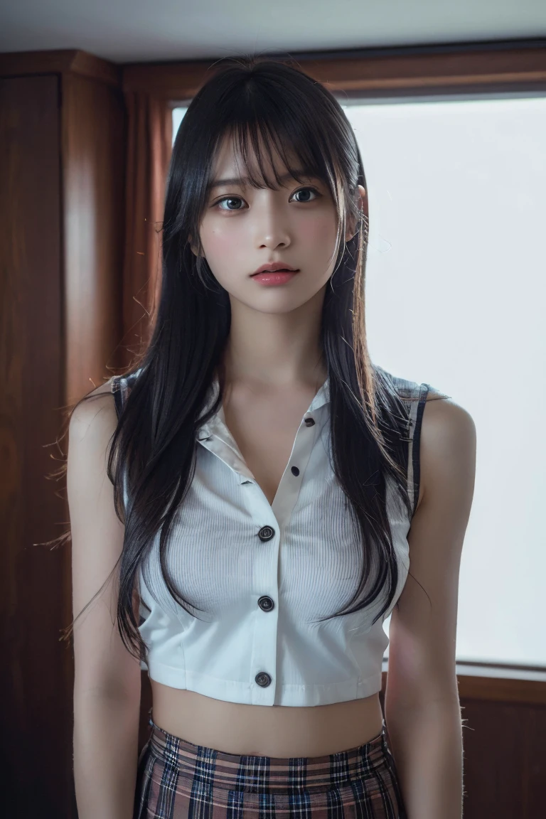 (Highest quality:1.4),(masterpiece:1.4),(Realistic:1.4),(Realistic:1.2),(超High resolution, RAW Photos:1.4),(High resolution, Very detailed:1.2),(8K:1.2),Cheki,a photo of a dark-haired,One Girl,alone,(wearing buttoned school attire with mini pleated skirt),Big Breasts,((Upper Body:1.3)),long wavy Hair,Low image quality、blurred