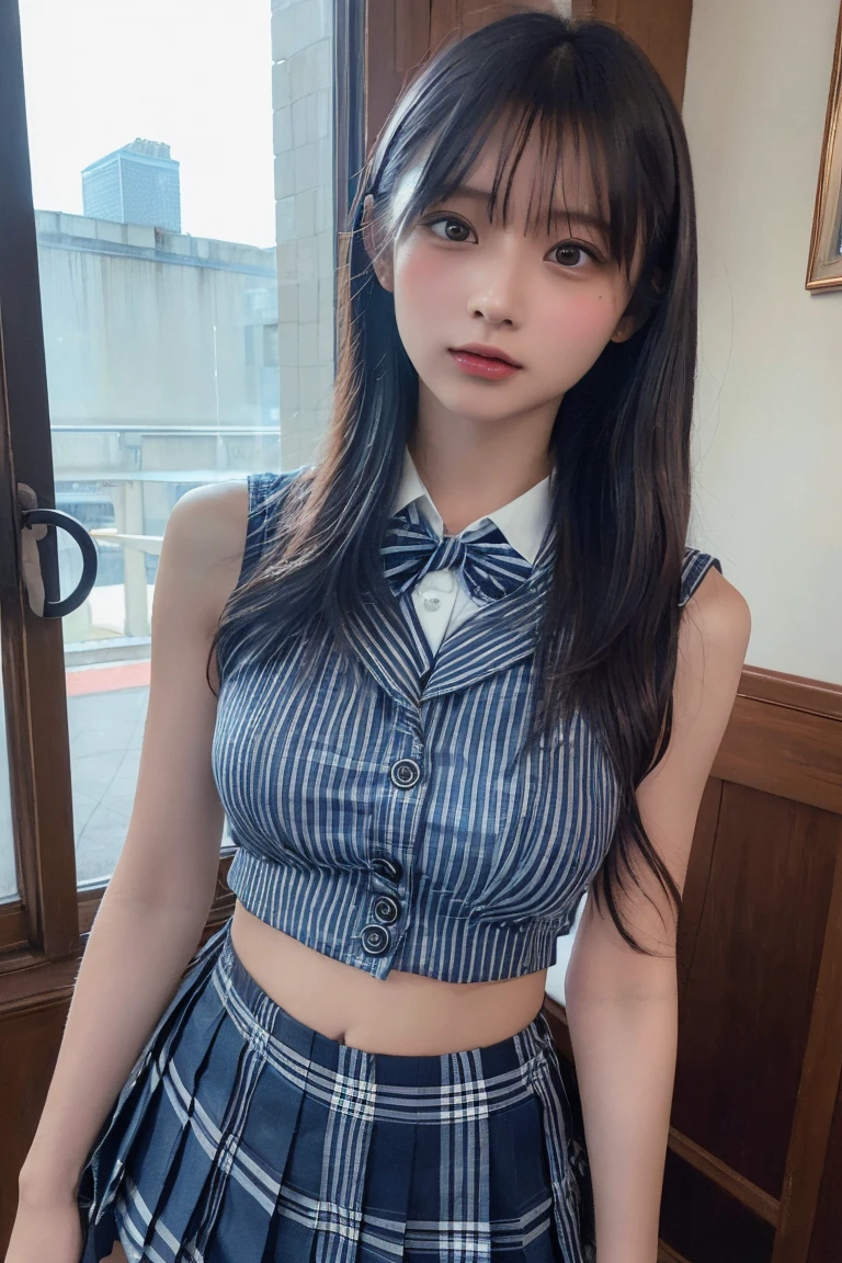 (Highest quality:1.4),(masterpiece:1.4),(Realistic:1.4),(Realistic:1.2),(超High resolution, RAW Photos:1.4),(High resolution, Very detailed:1.2),(8K:1.2),Cheki,a photo of a dark-haired,One Girl,alone,(wearing buttoned school attire with mini pleated skirt),Big Breasts,((Upper Body:1.3)),long wavy Hair,Low image quality、blurred
