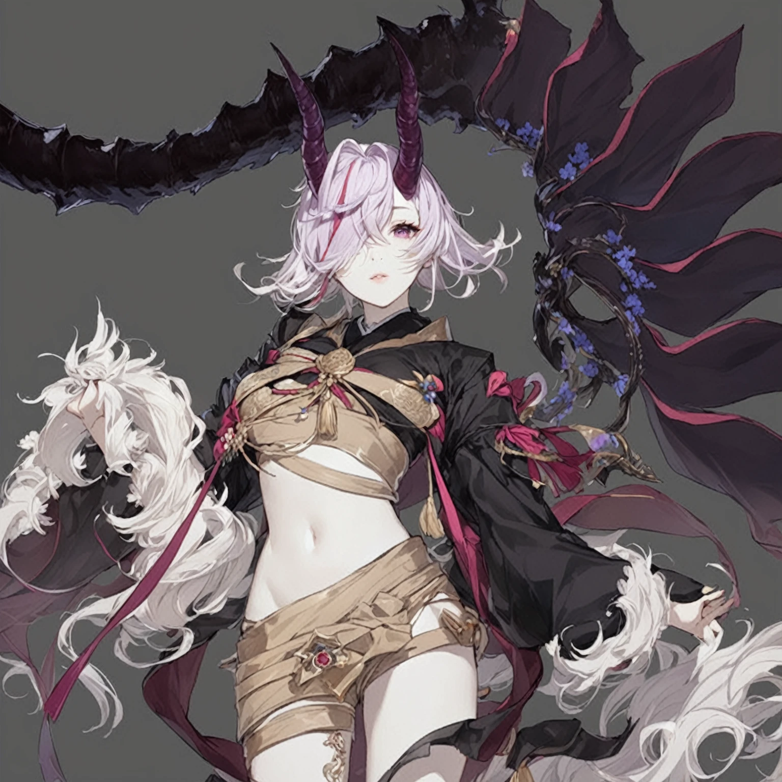 masterpiece, best quality, good quality, Fantasy Japanese Aesthetic, Highly detailed, shadowverse style, teen, girl with horn, purple hair, Japanese Aesthetic