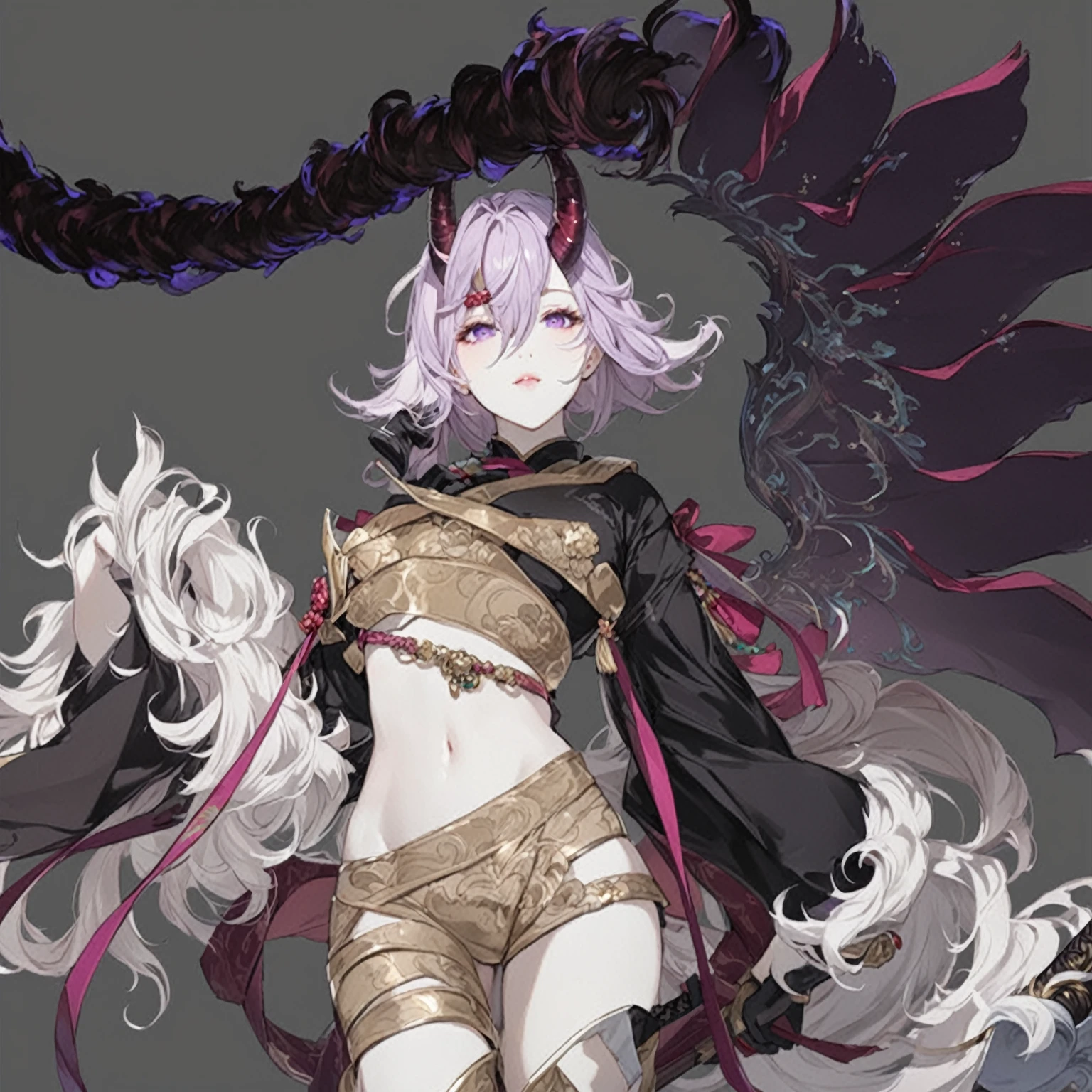 masterpiece, best quality, good quality, Fantasy Japanese Aesthetic, Highly detailed, shadowverse style, teen, girl with horn, purple hair, Japanese Aesthetic
