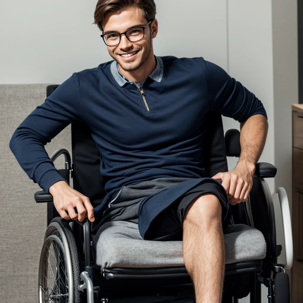 Enigmatic man with smile, simple outfit, on the face and glasses in the right hand while sitting in the wheelchair, perfect smile, High definition, perfects eyes