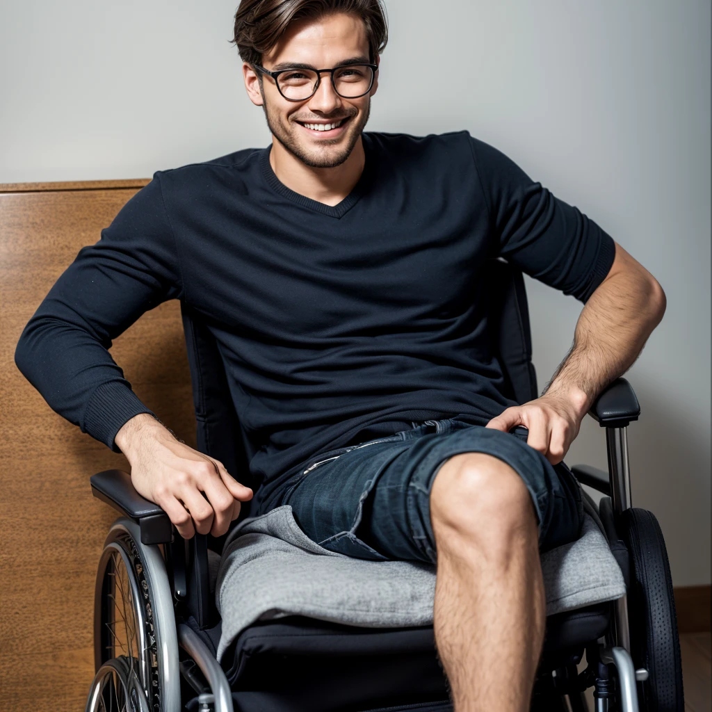 Enigmatic man with smile, simple outfit, on the face and glasses in the right hand while sitting in the wheelchair, perfect smile, High definition, perfects eyes
