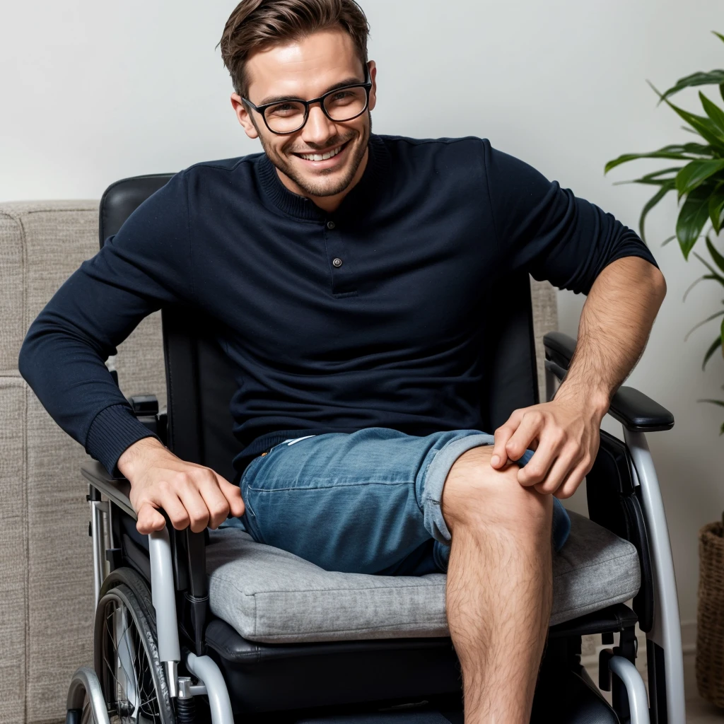 Enigmatic man with smile, simple outfit, on the face and glasses in the right hand while sitting in the wheelchair, perfect smile, High definition, perfects eyes