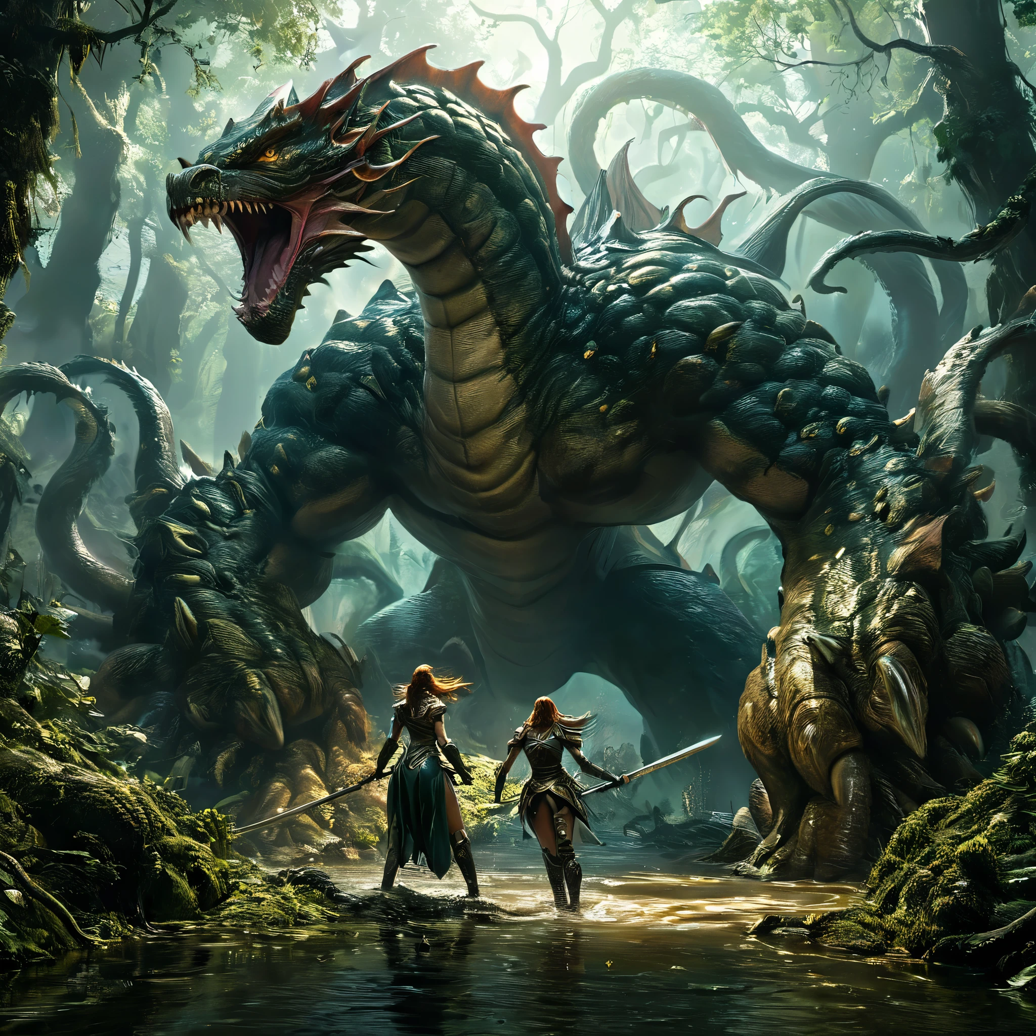 a beautiful female knight battling a multi-headed hydra monster, highly detailed, fantasy, epic battle scene, a swamp, in a dark forest, hyper realistic, dramatic lighting, cinematic, 8k, artstation, concept art, digital painting, award winning, The hydra is breathing poison. It is two meters tall, Powerful battling