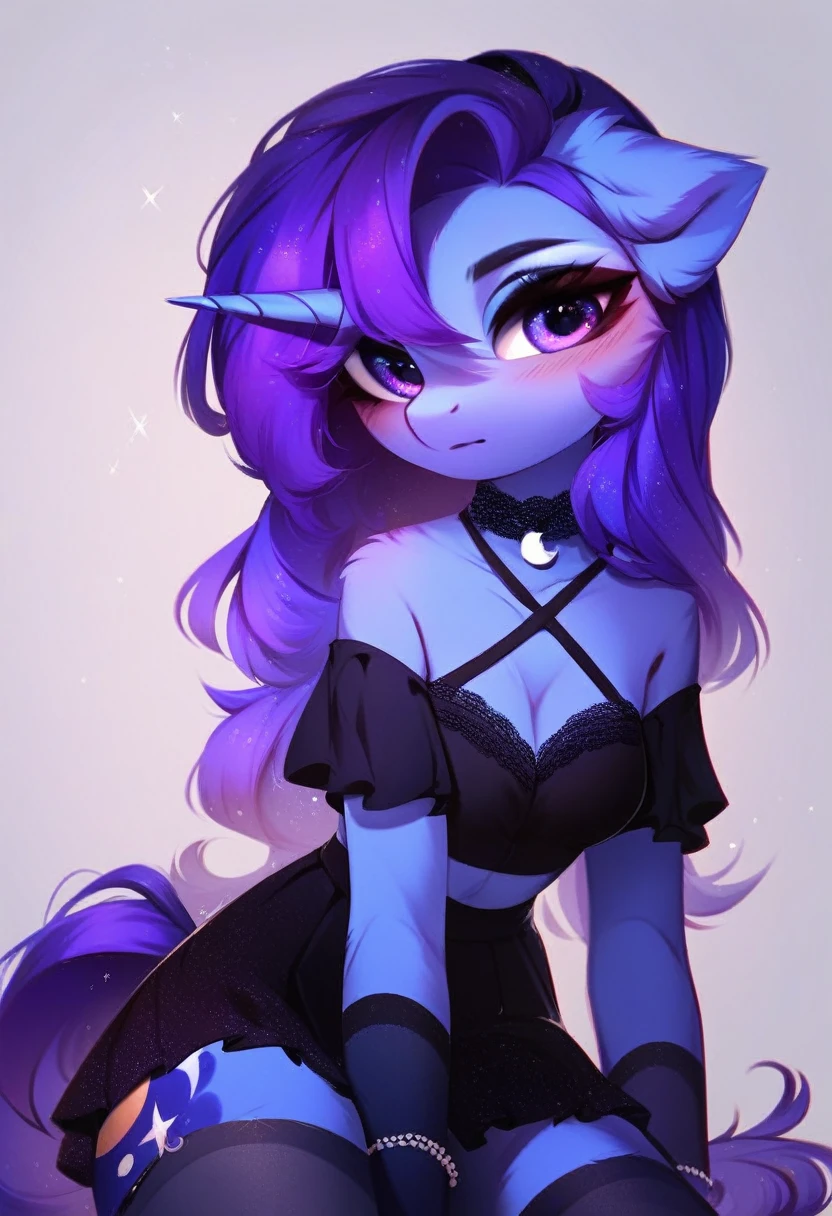 check_9, check_8_up, check_7_up, source_fluffy, rating_safe, from Magnaluna, Luna poses seductively in a gothic bedroom, antro, blushing, blue body, purple mane, black lingerie skirt