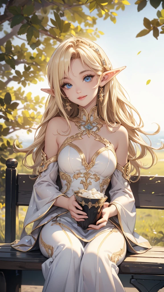 work of art, epic details, ultra detaild, best resolution, Woman, blonde, (BEAUTIFUL ELF), ((rosto angelical)), sculptural body, wearing a long dress with sleeves, ((perfect hands))), ((expression of happiness)), (Grinning), great smile, Simple smile, Scenario: a late afternoon, supper: sitting on a bench at golden hour, no mistakes, (((epic details na face))), (((ultra perfect eyes)))