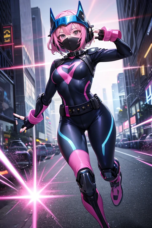 ((best quality)), ((masterpiece)), (detailed), 1 girl, full body, 20s, young adult, masked, black mask covering her entire head, smooth head, biker helmet, biker helmet with blue headphones on the sides, flashlight on her forehead, short pink hair coming out of her helmet, face, black collar, tall, slim, athletic, circles on her wrists, pink details, black fingerless gloves, pink wristbands, nanotech speedster suit that resembles light armor, blue chest with an emblem, blue chest, black suit with pink lines, pink speed emblem on her chest, pink emblem, blue pants, gray knee pads, metallic pink boots, white superhero belt, running through the city, pink light trail, laser, city background, anime
