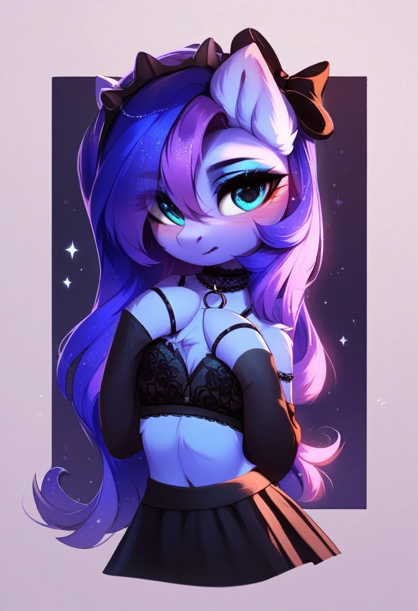 check_9, check_8_up, check_7_up, source_fluffy, rating_safe, from Magnaluna, Luna poses seductively in a gothic bedroom, antro, blushing, blue body, purple mane, black lingerie skirt