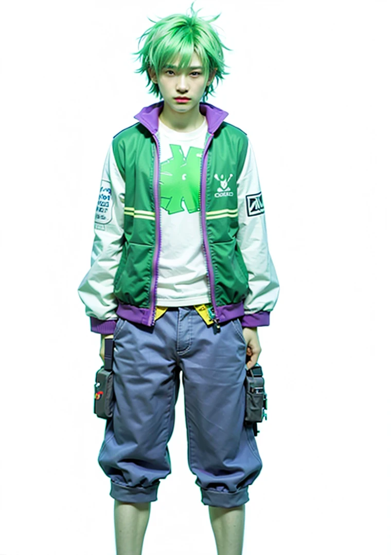 Male face, 1 man, mans face, adult man, bonitas, green hair, Green skin, happy face,Eyes purple, Green, purple and white jacket, realisitic, More details, Green skin, The 70 mm, (8k, best quality, masterpiece:1.2), (realistic, photo-realistic:1.37), ultra-detailed, A detailed portrait, The scene is illuminated with professional lighting, photon mapping, and radiosity, with Tetsuya Nomura Style. Blur bokeh effect, realistic light.