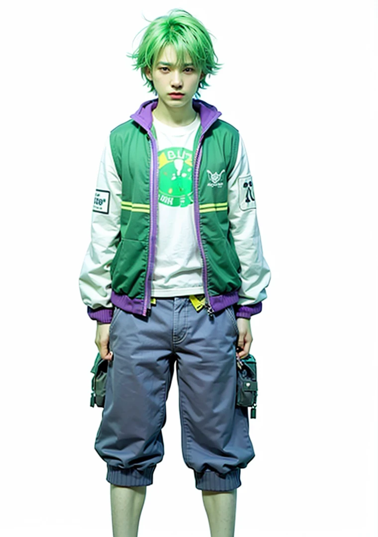 Male face, 1 man, mans face, adult man, bonitas, green hair, Green skin, happy face,Eyes purple, Green, purple and white jacket, realisitic, More details, Green skin, The 70 mm, (8k, best quality, masterpiece:1.2), (realistic, photo-realistic:1.37), ultra-detailed, A detailed portrait, The scene is illuminated with professional lighting, photon mapping, and radiosity, with Tetsuya Nomura Style. Blur bokeh effect, realistic light.