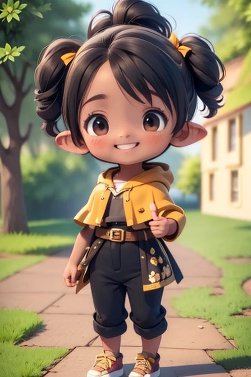 a woman, 20 years old, beloved hair, elf ears, brown eyes, red top, short cape, black color, black skin-tight pants, wearing a black leather belt with blade tips in her hand, she holds a golden crossbow, he smiles, a 3D ULTRA HD game character