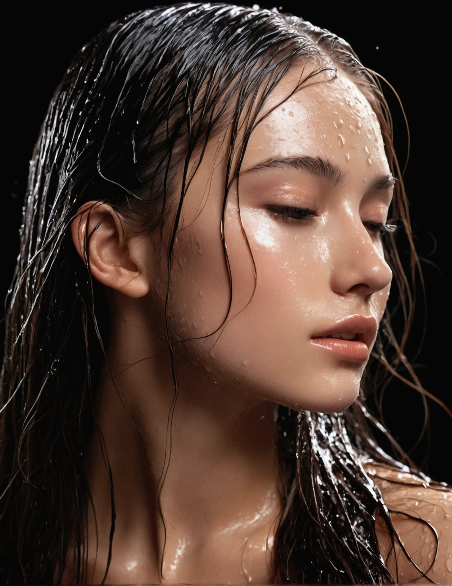 wet skin, silky skin, glossy skin, long hair, side look,