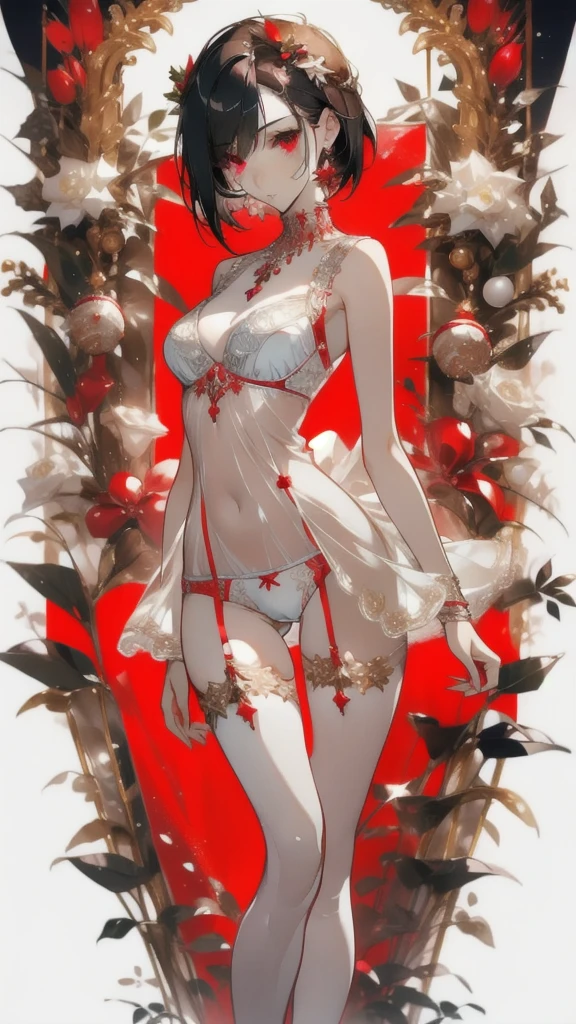 ((masterpiece, best quality)), Delicate face，Beautiful goddess，Christmas，Elk，Standing picture，whole body，Perfect body proportions，Long legs，Handsome short hair，Nice red eyes，Fantasy style，White background，Extremely beautiful，transparent，Sexy，Sexy Lingerie