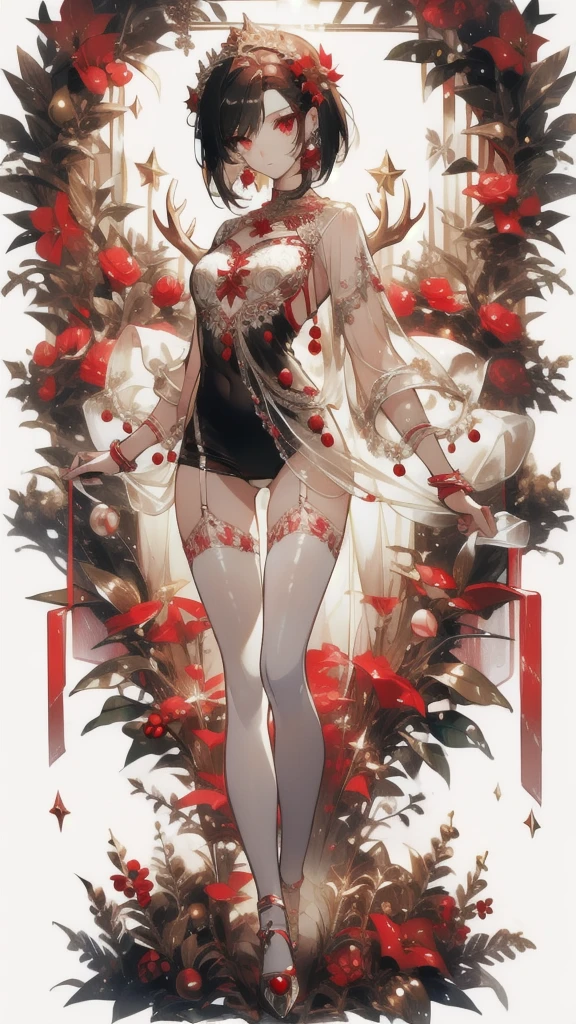 ((masterpiece, best quality)), Delicate face,Beautiful goddess,Christmas,Elk,Standing picture,whole body,Perfect body proportions,Long legs,Handsome short hair,Nice red eyes,Fantasy style,White background,Extremely beautiful,transparent,Sexy,Sexy Lingerie