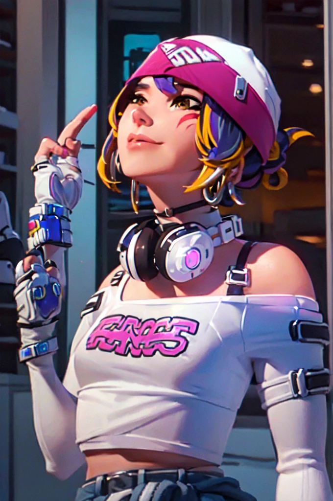 ((masterpiece, best quality)), 1girl, solo, Kiriko LeSserafim, upper body, short hair, brown eyes, multicolored hair, blue hair, yellow highlights, bangs, pink headwear, hair between eyes, (white off-shoulder shirt:1.5), ((gloves:1.5)), pointing to her face, fingerless gloves, hoop earrings, (white shirt:1.5), headphones around neck, thighhigh, white gloves, lace-up boots, boots, gloves, jacket around waist, thighhighs, breasts, headphones, standing, jewelry, bracelet, midriff, white crop top, cross-laced footwear single kneehigh, smile, earrings, jewelry, hat, looking at viewer, makeup, facepaint, facial mark, detached sleeves, lips, indoors, japanese house, hands on her face, portrait,  