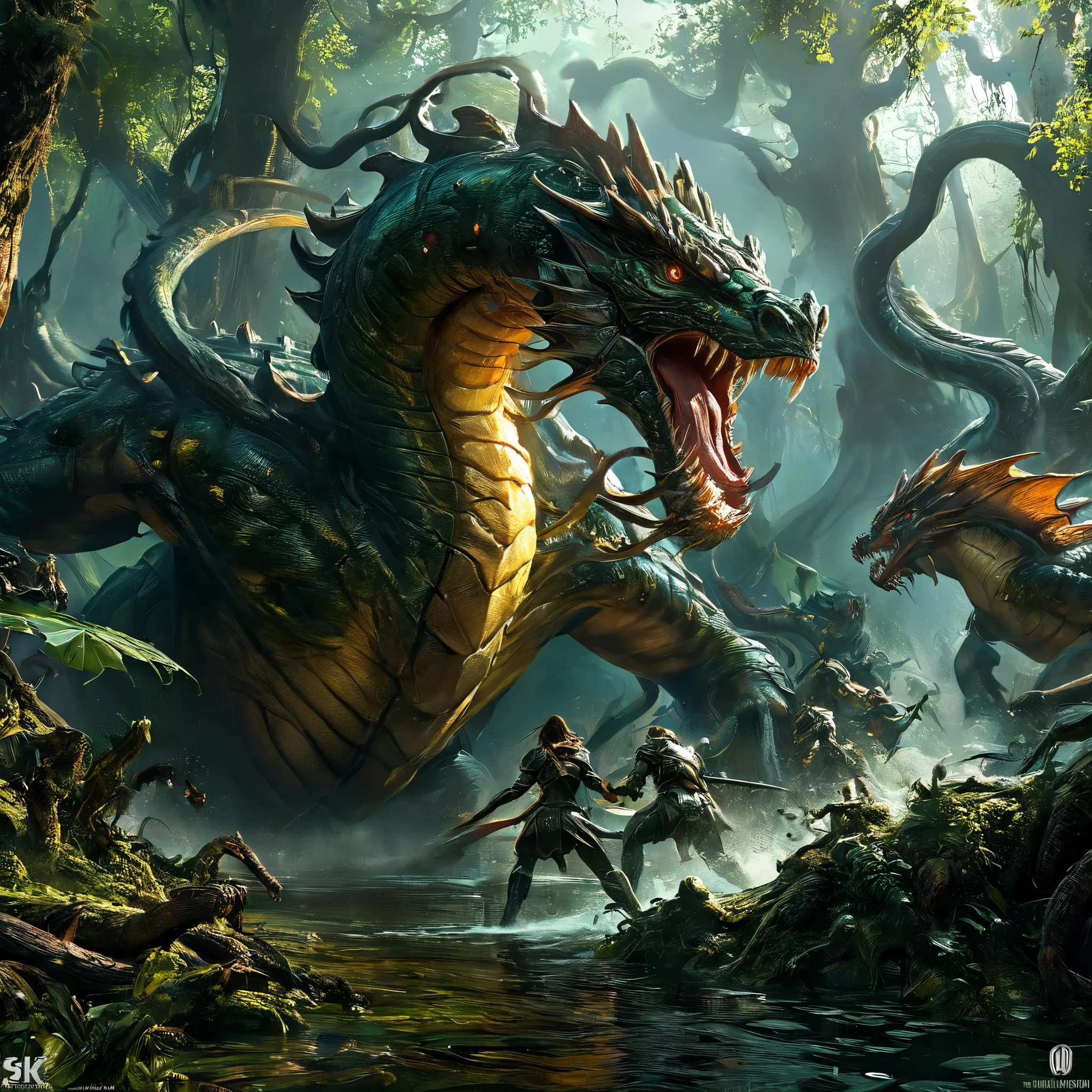 a beautiful female knight battling a multi-headed hydra monster, highly detailed, fantasy, epic battle scene, a swamp, in a dark forest, hyper realistic, dramatic lighting, cinematic, 8k, artstation, concept art, digital painting, award winning, The hydra is breathing poison. It is two meters tall, Powerful battling