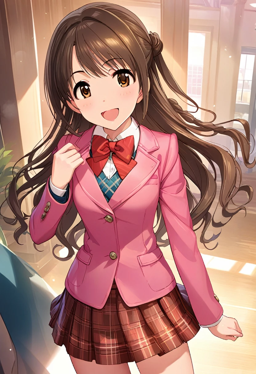 (masterpiece),(best quality),(ultra-detailed),(best illustration),(best shadow),(absurdres),(detailed background),(very aesthetic),uzuki shimamura, defaultoutfit, 1girl, solo, long hair, brown hair, brown eyes, , open mouth, smile, jacket, blazer, skirt, 