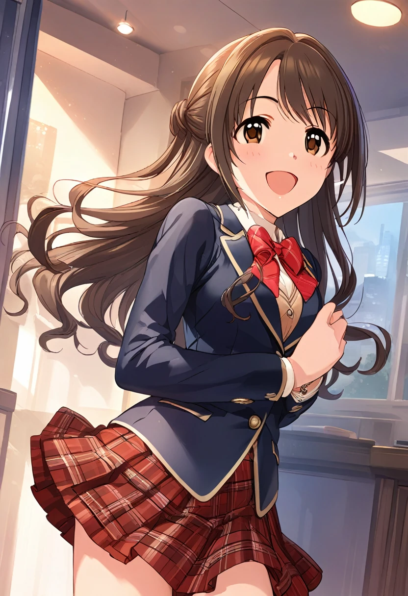 (masterpiece),(best quality),(ultra-detailed),(best illustration),(best shadow),(absurdres),(detailed background),(very aesthetic),uzuki shimamura, defaultoutfit, 1girl, solo, long hair, brown hair, brown eyes, , open mouth, smile, jacket, blazer, skirt, 