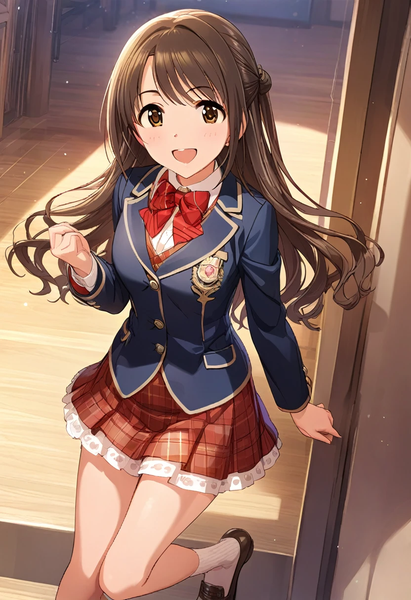 (masterpiece),(best quality),(ultra-detailed),(best illustration),(best shadow),(absurdres),(detailed background),(very aesthetic),uzuki shimamura, defaultoutfit, 1girl, solo, long hair, brown hair, brown eyes, , open mouth, smile, jacket, blazer, skirt, 