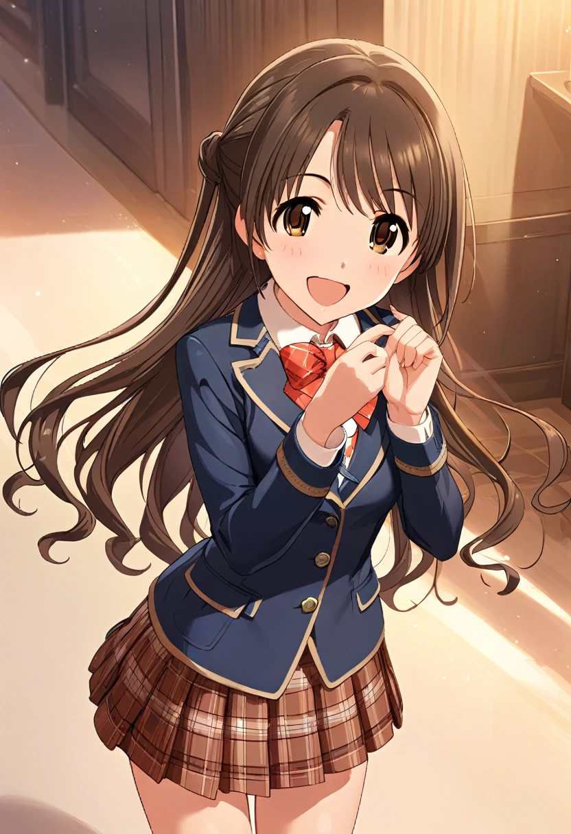 (masterpiece),(best quality),(ultra-detailed),(best illustration),(best shadow),(absurdres),(detailed background),(very aesthetic),uzuki shimamura, defaultoutfit, 1girl, solo, long hair, brown hair, brown eyes, , open mouth, smile, jacket, blazer, skirt, 