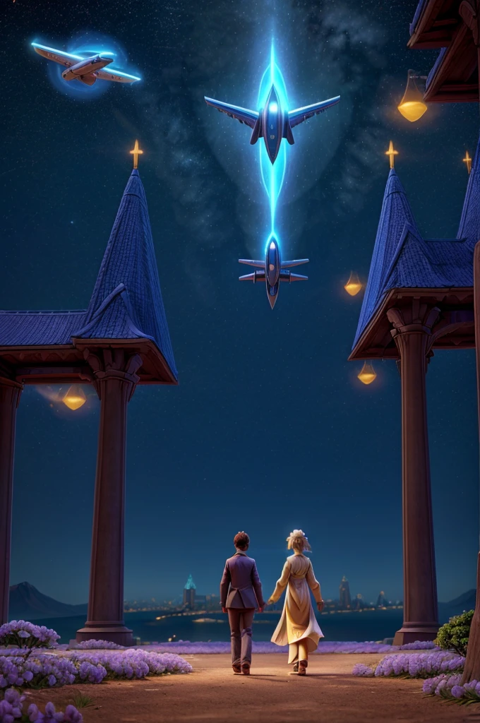 a spiritual city, with a futuristic plane in the sky, a couple in love walking, blue and gold lights, people practicing astral projection, people flying in the sky, with angelic energy, flashes of light around a person flying
