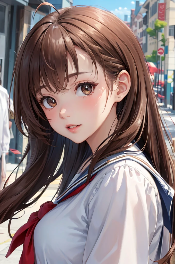 (Best Quality,High resolution,8k,finelity detailed background,Masterpiece:1.2),shoot from side,beautiful girl,Shiny brown hair,pony taill,Beautiful brown eyes,Best quality,Aesthetic and aesthetic:1.2,Best details((Super detailed))(High-definition CG illustrations),Sailor suit,Summer clothes,Big Breasts,cute,cute,Looking up,blush,School