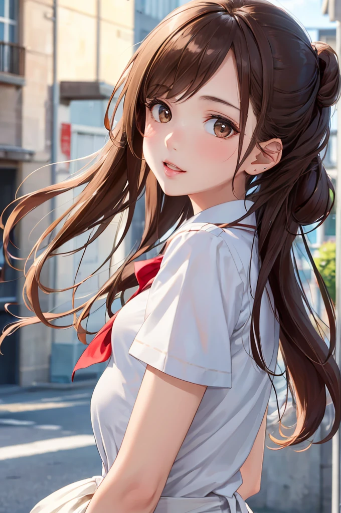 (Best Quality,High resolution,8k,finelity detailed background,Masterpiece:1.2),shoot from side,beautiful girl,Shiny brown hair,pony taill,Beautiful brown eyes,Best quality,Aesthetic and aesthetic:1.2,Best details((Super detailed))(High-definition CG illustrations),Sailor suit,Summer clothes,Big Breasts,cute,cute,Looking up,blush,School