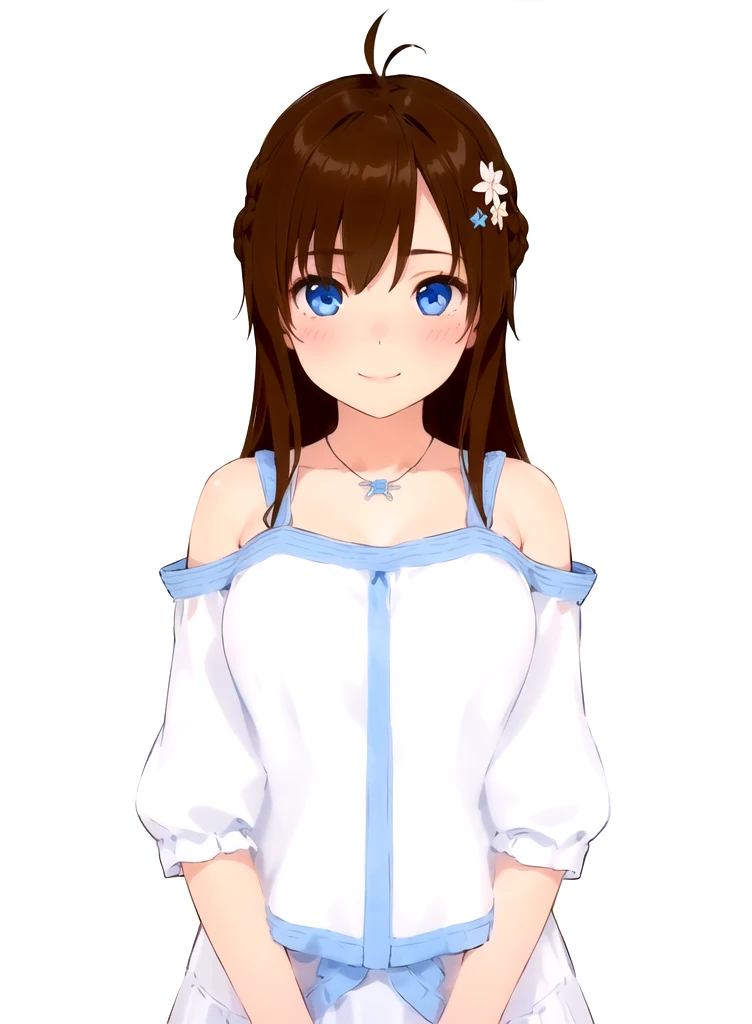 masterpiece, 1 girl, beautiful girl, smile, close up, detailed face, detailed eyes, detailed pupils, round pupils, blue eyes, brown hair, long hair, bangs, equal length bangs, small ahoge, bare shoulders, blush, medium breasts, white dress, frilly dress, looking at viewer, fantasy, european, castle in background, architecture, outdoors, best quality, high res, ultrasharp, high detail, sharp focus, dramatic, beautiful lighting, real life, intricate, caustics, subsurface scattering, reflections, (photorealistic:1.5), (ulzzang-6500:0.5), (RAW photo, 8k uhd, film grain)