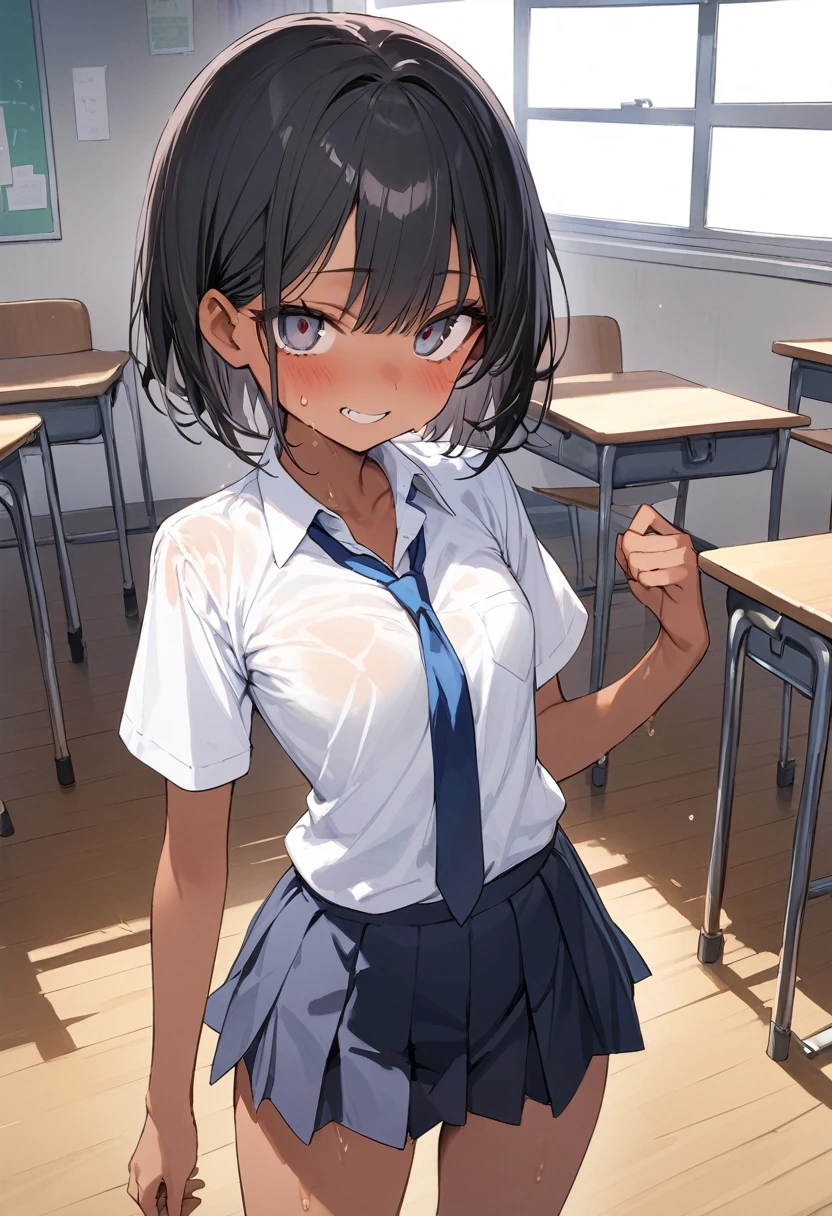 ((masterpiece,Highest quality:1.3,best quality illustration)),cowboy shot,独奏,1woman, beauty、black hair,short bob hair,bangs,black eyes,(gorgeous big eyes),((very small head:1.3)),A nasty grin,((skinny:1.2)),((tan skin:1.4)),small breasts,(School student uniform、Collared short-sleeved shirt、Blue ribbon tie、mini skirt),gleaming skin,oily skin,slender body,sweat,standing,classroom、School、Tokyo、