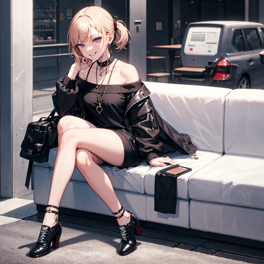 ((best quality)), ((masterpiece)), (detailed), 1girl, off-shoulder sweater, sitting position, punk anime girl, rockstar, smirking face, shoes showing up, vampire, 