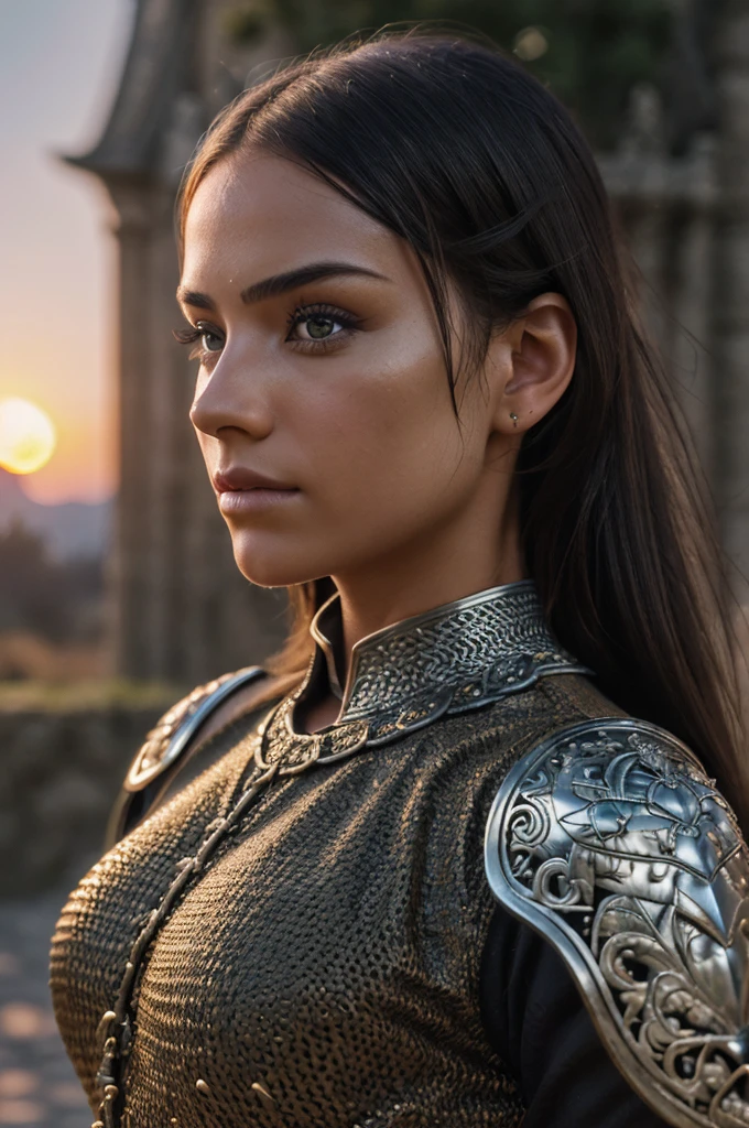 (masterpiece), (extremely intricate:1.3), (realistic), portrait of a girl, the   most beautiful in the world, (medieval armor), metal reflections, upper body, outdoors, intense sunlight, far away castle, professional photograph of a stunning woman detailed, sharp focus, dramatic, award winning, cinematic lighting, octane render  unreal engine,  volumetrics dtx, (film grain, blurry background, blurry foreground, bokeh, depth of field, sunset, motion blur:1.3), chainmail in one pik eye black 