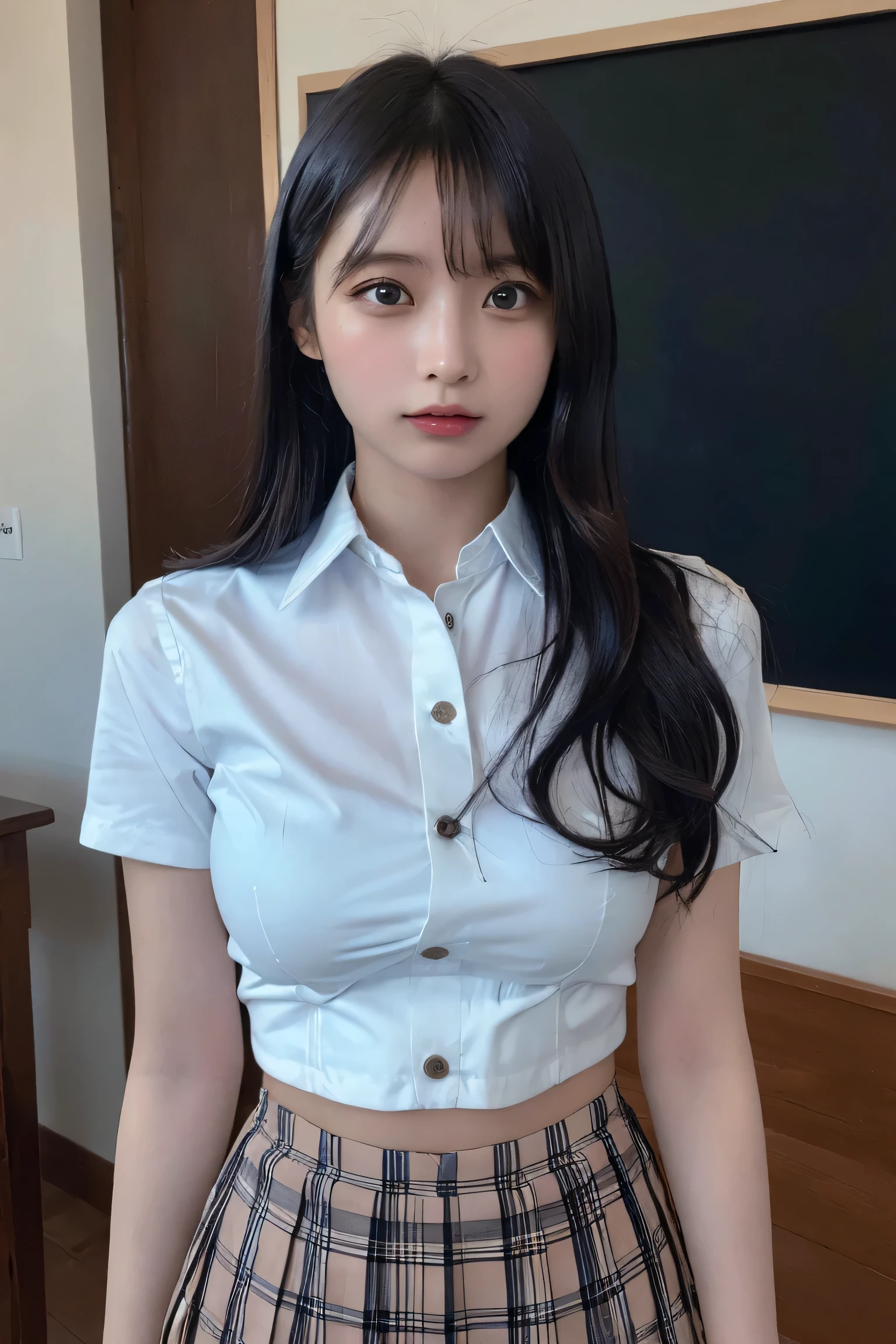 (Highest quality:1.4),(masterpiece:1.4),(Realistic:1.4),(Realistic:1.2),(超High resolution, RAW Photos:1.4),(High resolution, Very detailed:1.2),(8K:1.2),Cheki,a photo of a dark-haired,One Girl,alone,(wearing buttoned school attire with mini pleated skirt),Big Breasts,((Upper Body:1.3)),long wavy Hair,Low image quality、blurred