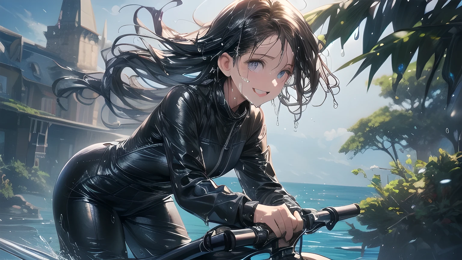 very cute and beautiful girl,(highly detailed beautiful face and eyes:1.2),
smile,(long blue overall), black hair, (riding a horse), (wet clothes:1.6),
ocean, partially submerged, distant trees and town,
(best quality,masterpiece:1.2),intricate details,extremely detailed,highres,
cinematic lighting,dynamic angle,(realistic),