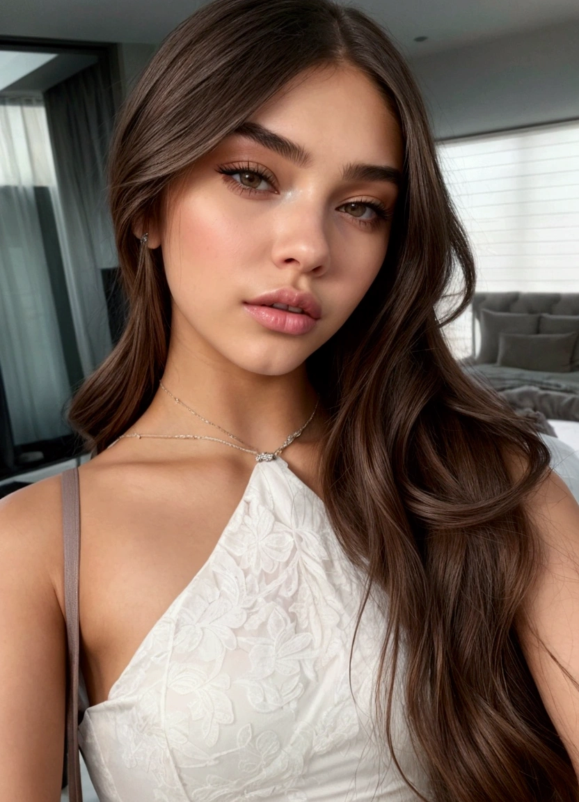 A closeup of a woman with long hair and wearing a white top, madison beer, madison beer girl portrait, :: madison beer, Portrait Sophie Mudd, soft devil queen madison beer, Dua Lipa, Violet Myers, olivia blame, olivia de bernardinis, beautiful lady, Charli Bowater, ellie victoria gale, madison beer as leeloo, Instagram Template