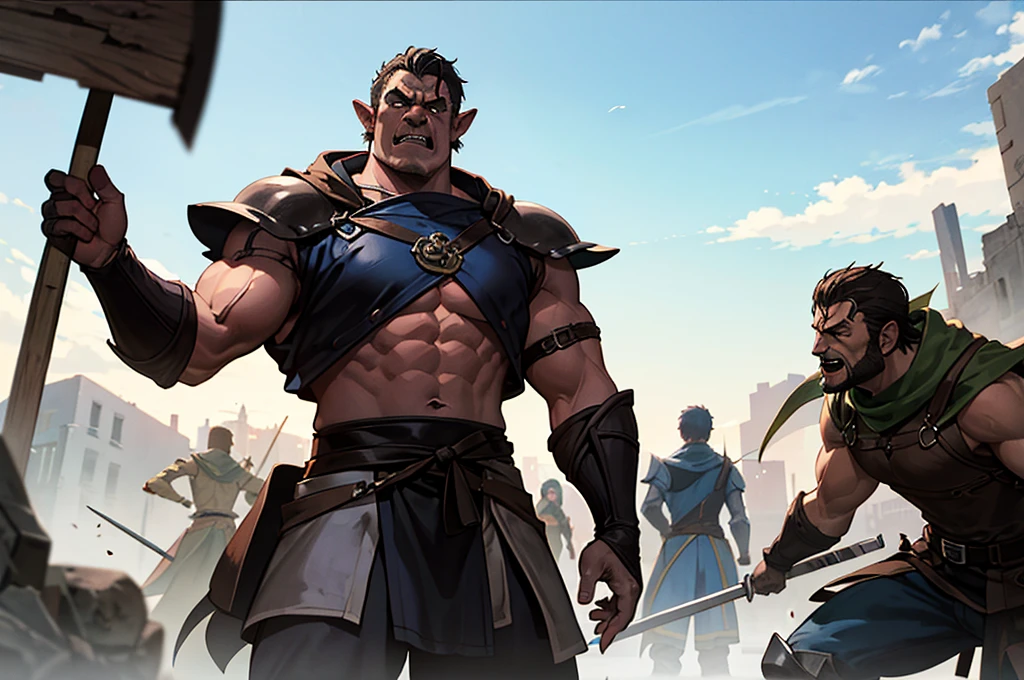 Orc group, medieval anime style, Warriors, rough, muscular, dangerous