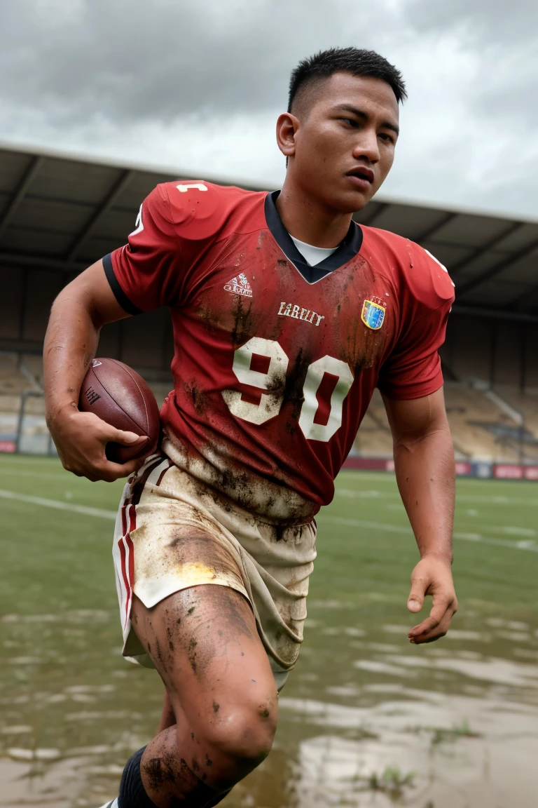(((1man))),serious face of Syahnk,malay, muscular, (brown eyes),sport clothes,(tight jersey), handsome, jock, dynamic, (sfw),(football player), (running on field with muddy),(dirty),(body sweat),(mud on cloth),wet sock,raining,stadium,(cloudy),(intricate details, Masterpiece, high quality, best quality, realistic), (musclebears:0.25), realistic,8K UHD, DLSR,Cinematic lighting,dynamic pose, accurate proportions, warm natural lighting, natural shadows,