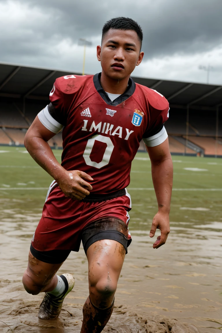 (((1man))),serious face of Syahnk,malay, muscular, (brown eyes),sport clothes,(tight jersey), handsome, jock, dynamic, (sfw),(football player), (running on field with muddy),(dirty),(body sweat),(mud on cloth),wet sock,raining,stadium,(cloudy),(intricate details, Masterpiece, high quality, best quality, realistic), (musclebears:0.25), realistic,8K UHD, DLSR,Cinematic lighting,dynamic pose, accurate proportions, warm natural lighting, natural shadows,