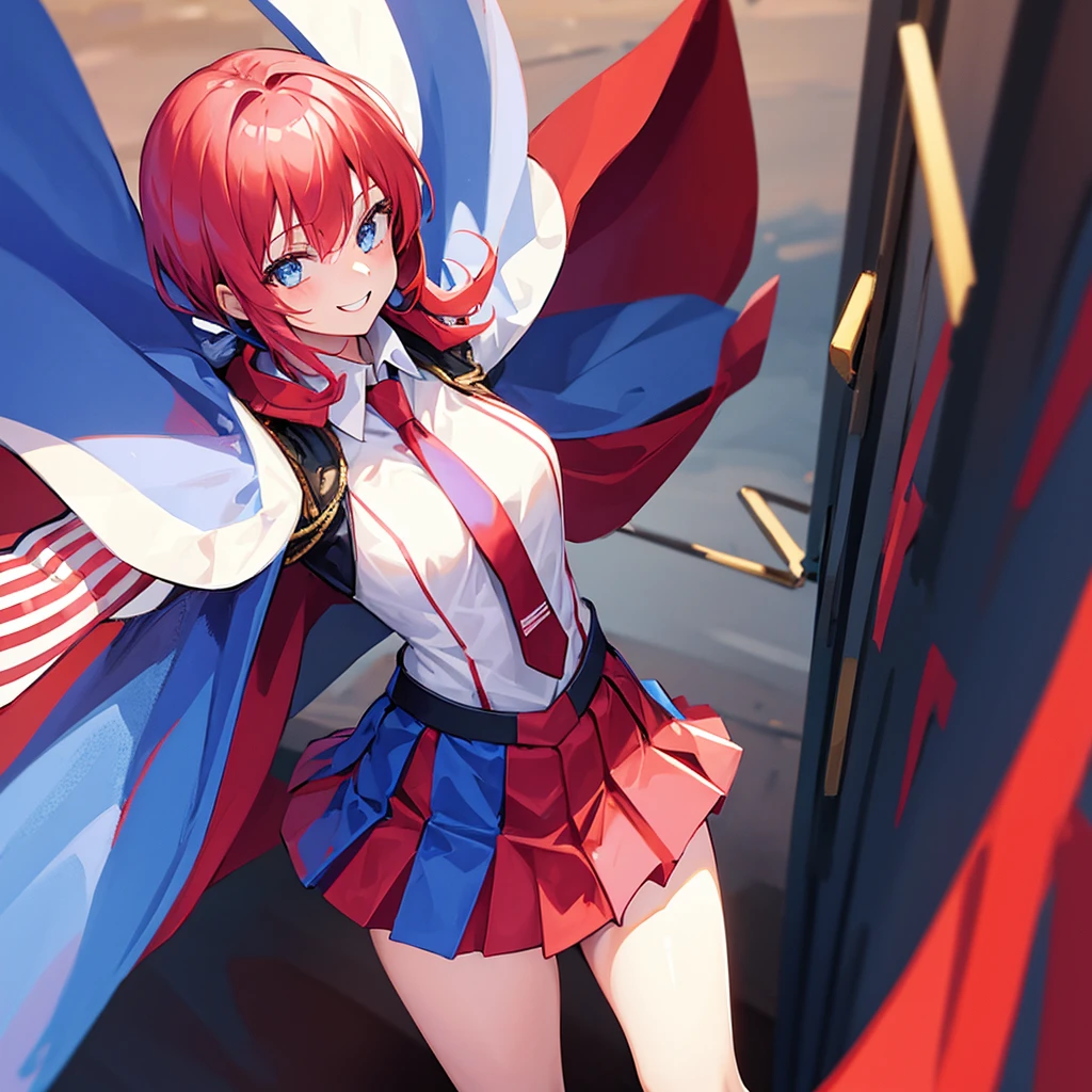 1 Girl of American spirit, Red white and blue hair, smiling, patriotic suit, skirt, her cape is the american flag, homelander from the boys, patriotic, standing, arms on hips, looking aside