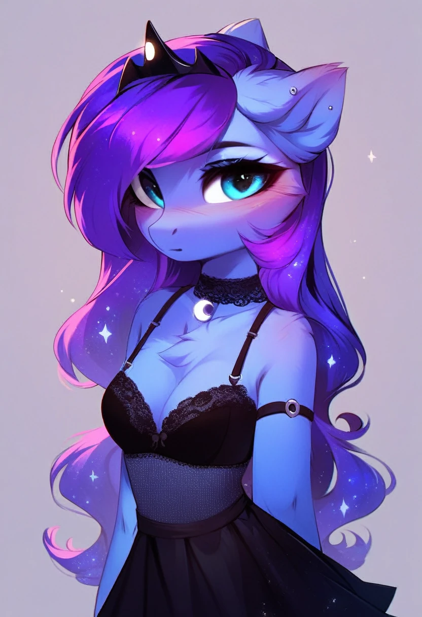 check_9, check_8_up, check_7_up, source_fluffy, rating_safe, from Magnaluna, Luna poses seductively in a gothic bedroom, antro, blushing, blue body, purple mane, black lingerie skirt