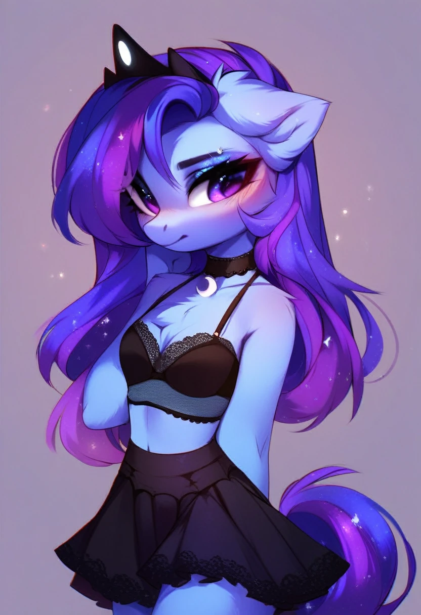 check_9, check_8_up, check_7_up, source_fluffy, rating_safe, from Magnaluna, Luna poses seductively in a gothic bedroom, antro, blushing, blue body, purple mane, black lingerie skirt