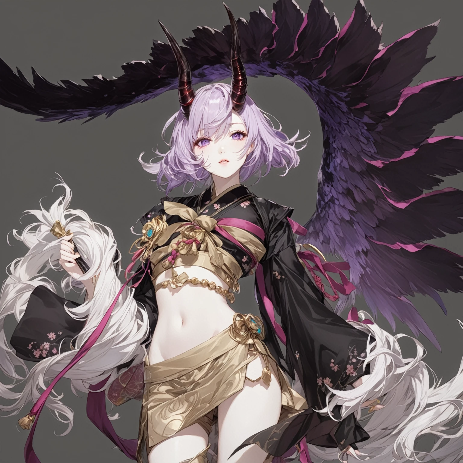 masterpiece, best quality, good quality, Fantasy Japanese Aesthetic, Highly detailed, shadowverse style, teen, girl with horn, purple hair, Japanese Aesthetic

