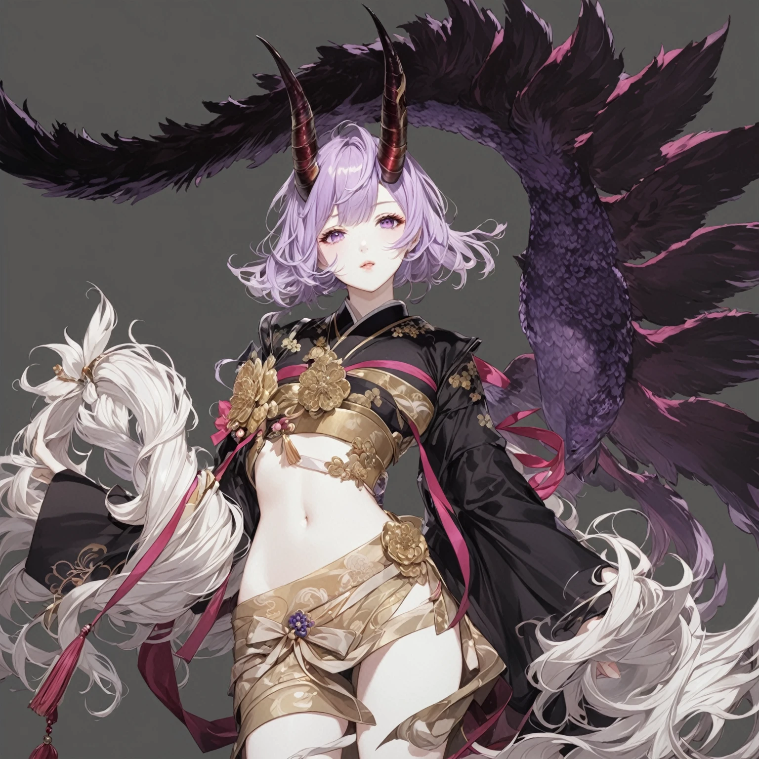 masterpiece, best quality, good quality, Fantasy Japanese Aesthetic, Highly detailed, shadowverse style, teen, girl with horn, purple hair, Japanese Aesthetic
