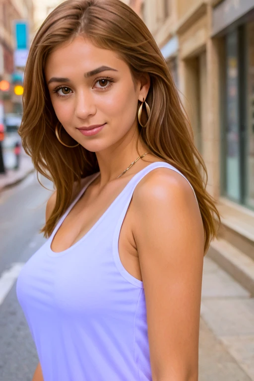 1 woman:1.3, alone, looking at viewer, smile, brown hair, shirt, brown eyes, jewelry, white shirt, saggy breasts, earrings, sleeveless, medium hair, lips, tilted head, tank top, street, realistic,Masterpiece